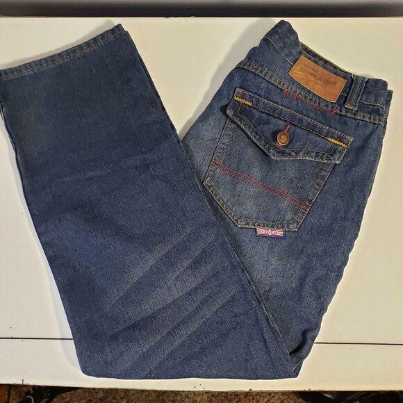 1688 Revolution jeans 32/30 straight leg distressed colored stitching - Picture 1 of 6